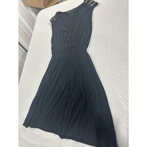 Kardashian Kollection Black Studded Shoulder Smocked Waist V-Neck Dress XS